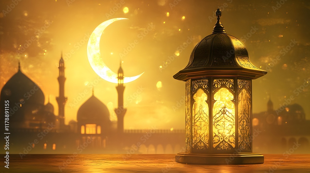 Lantern and a crescent moon for Eid Mubarak and Ramadan Kareem on a yellow background, with copy space for text Lantern and a crescent moon for Eid Mubarak and Ramadan Kareem on a yellow background, with copy space for text