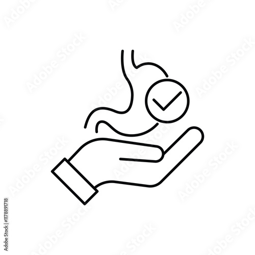 Hand holding healthy stomach vector line icon. Gastroenterology healthcare symptom examination treatment concept.