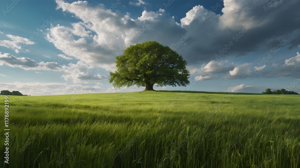 Obraz premium A lone, full-grown deciduous tree stands majestically in a vast, flat field of vibrant green wheat