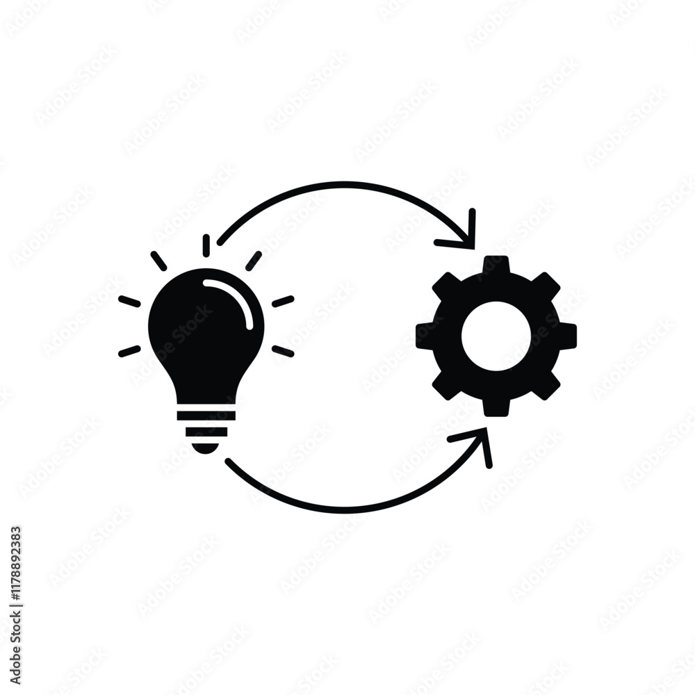 Implementation Vector Line Icon, solution execute develop, configuration cogwheel with light bulb, innovation analysis process, success industry preferences, vector illustration Implementation Vector Line Icon, solution execute develop, configuration cogwheel with light bulb, innovation analysis process, success industry preferences, vector illustration