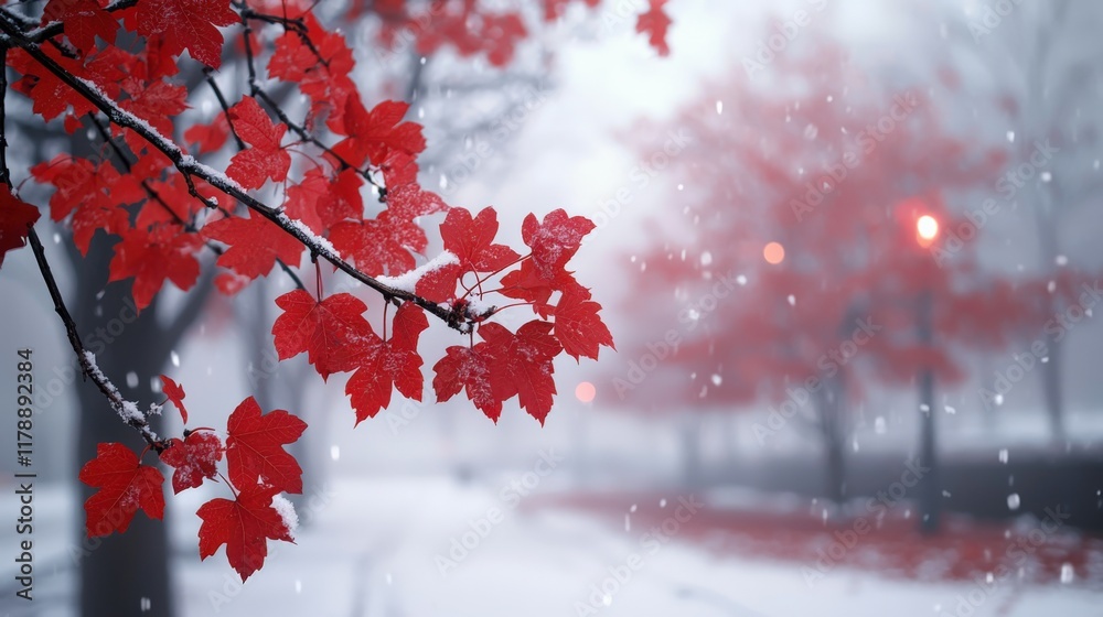 Vibrant Autumn Leaves Amidst Winter Snowfall Vibrant Autumn Leaves Amidst Winter Snowfall