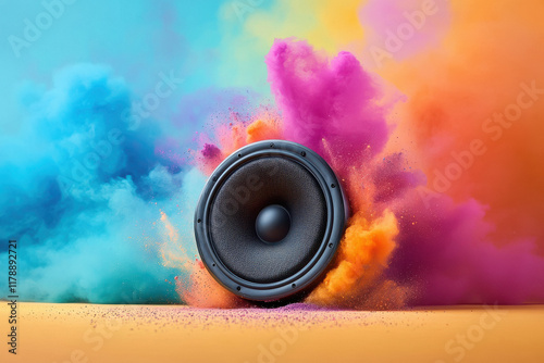 Colorful neon music speaker with a colorful powder explosion in the background