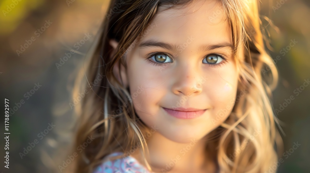 A close-up portrait of a young girl with blonde hair and big, bright eyes. She is smiling softly at the camera. A close-up portrait of a young girl with blonde hair and big, bright eyes. She is smiling softly at the camera.