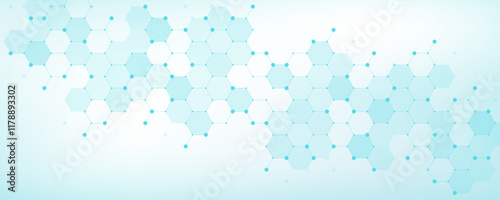 Modern health care or medical background design. Health care innovation concept. Horizontal header web banner. Abstract geometric background with hexagon shapes for medicine, science, chemistry.