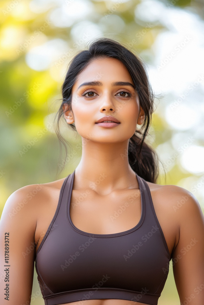 indian woman in a fitted sports top and shorts, posing in an outdoor park . indian woman in a fitted sports top and shorts, posing in an outdoor park .