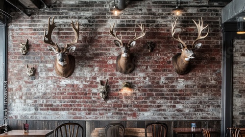 Rustic restaurant brick wall deer heads interior design photo