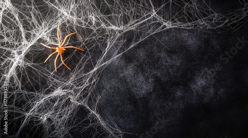 Close-up of intricate spider webs on a dark background- showcasing delicate patterns and textures- perfect for Halloween themes photo