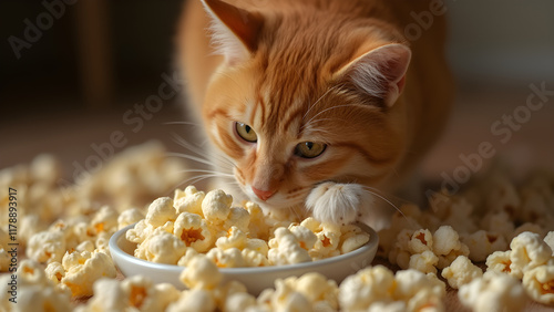 Cat stealing popcorn. Ultra-realistic cat pictures. Cute cat with popcorn bowl. Adorable cat paw in popcorn.