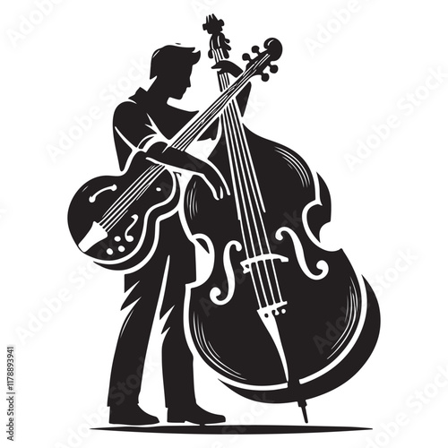 Double Bass Silhouette Vector Illustration, Solid White Background.