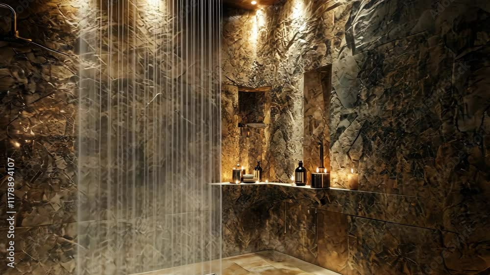 Relaxing shower experience in a luxurious stone spa with ambient lighting and soothing atmosphere Relaxing shower experience in a luxurious stone spa with ambient lighting and soothing atmosphere
