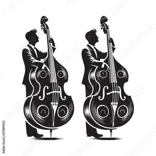 Double Bass Silhouette Vector Illustration, Solid White Background.