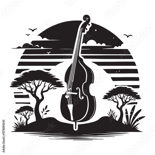 Double Bass Silhouette Vector Illustration, Solid White Background.