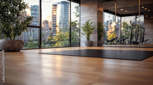 Modern fitness studio interior with large windows and city skyline view