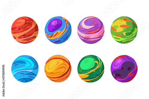 Playful and detailed vector collection of colorful planet icons with creative shapes.  
