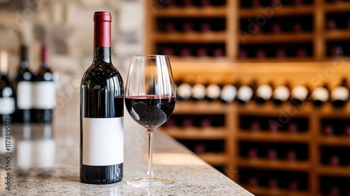 Elegant Wine Bottle and Glass on a Marble Counter with Storage in Background