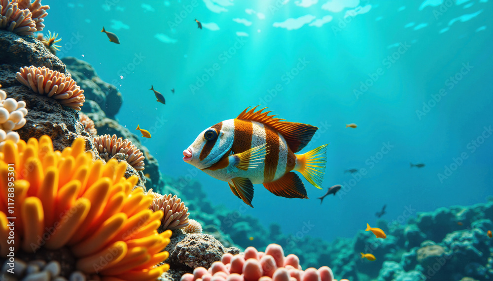 Fototapeta premium Colorful clownfish swimming among coral reef under ocean sunlight