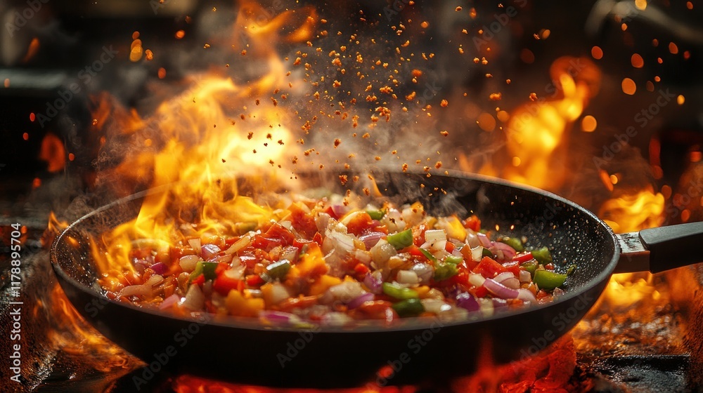 Colorful vegetables sizzling in a pan over an open flame, showcasing cooking in action. Colorful vegetables sizzling in a pan over an open flame, showcasing cooking in action.