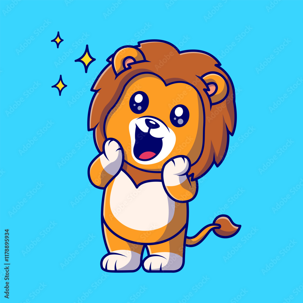 Obraz premium Cute Baby Lion Surprised Cartoon Vector Icon Illustration. Animal Nature Icon Concept Isolated Premium Vector. Flat Cartoon Style