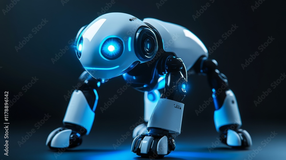 Robot with blue eyes and a white face stands in front of a dark background. The robot's eyes are glowing Robot with blue eyes and a white face stands in front of a dark background. The robot's eyes are glowing
