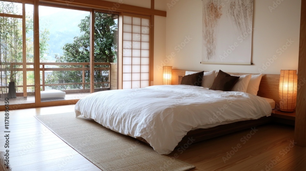 Fototapeta premium Modern Minimalist Japanese Bedroom with Natural Light and Serene Atmosphere