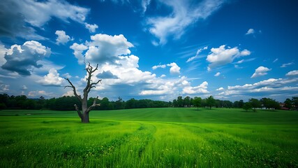 Fotobehang Groen Serene landscape photograph of a dead tree standing in a vibrant green field under a bright blue sky with fluffy white clouds.  © Sabit