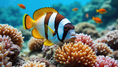  Clownfish nestled in vibrant coral reef with clear blue water