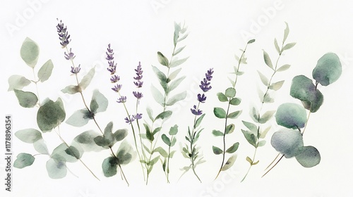 Fototapeta Naklejka Na Ścianę i Meble -  Watercolor Botanical Illustration of Leaves and Lavender