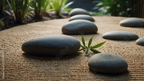 Serene Depiction Of A Zen Garden With A Minimalist Stone Arrangement And Bamboo Plants photo