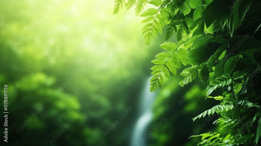 Lush Green Tropical Forest with Soft Light and Waterfall Background Lush Green Tropical Forest with Soft Light and Waterfall Background