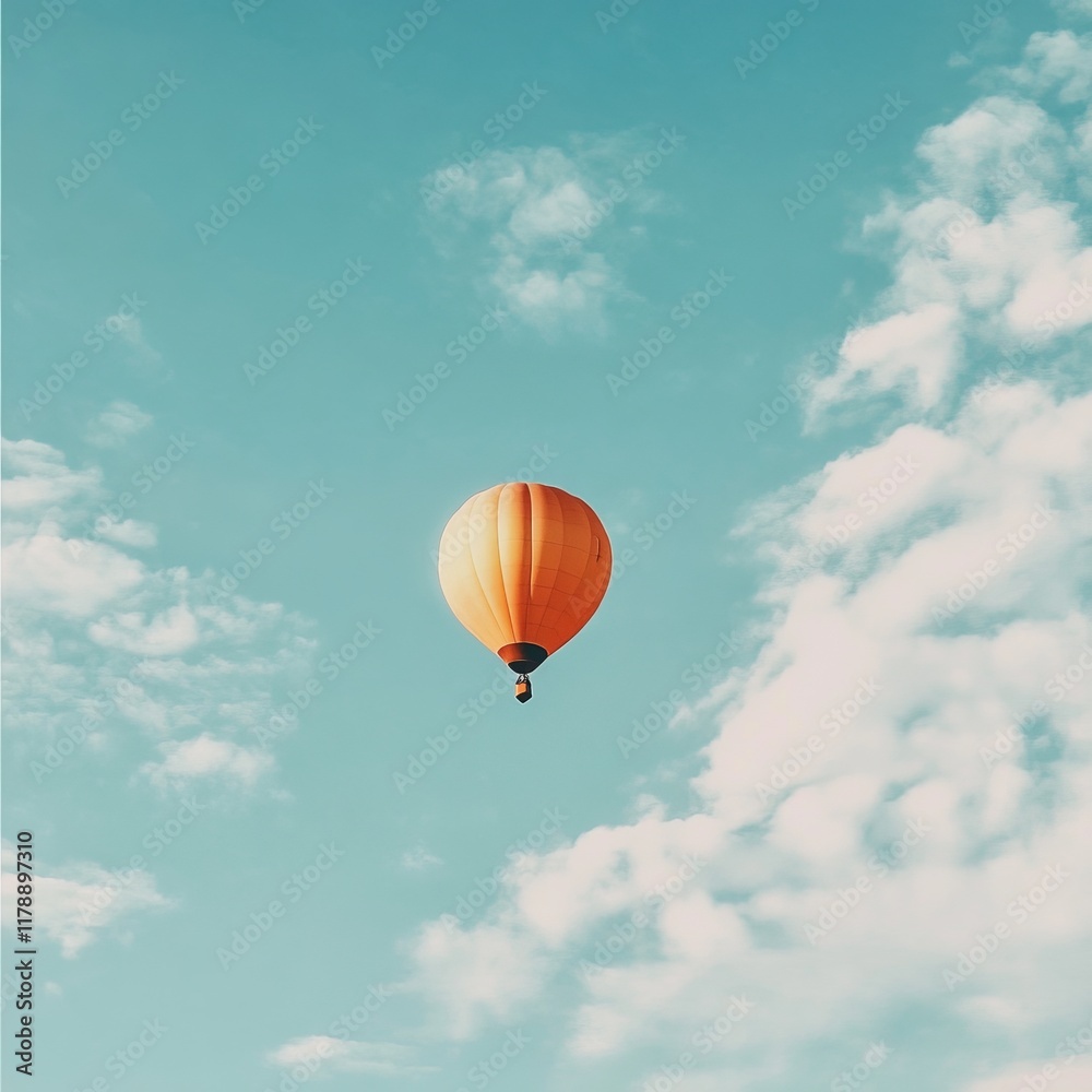 Fototapeta premium A bright orange hot air balloon glides gracefully through a clear blue sky, creating a stunning contrast. This image captures the essence of adventure and freedom.