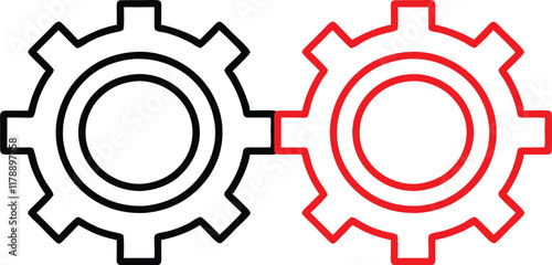 Minimalist gear illustration, black and red cogs, interlocking gears, simple mechanical design, clean lines, bold colors, industrial symbolism, teamwork concept, efficiency icon, vector graphic style,