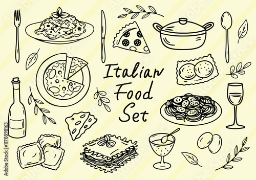 Hand drawn set of illustrations with italian food doodles