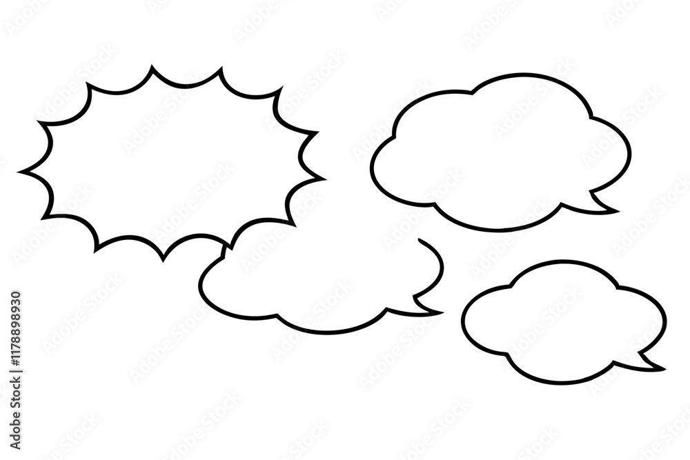 Empty speech clouds in vector style for customizable messaging and dialogue.
Empty speech clouds in vector style for customizable messaging and dialogue.