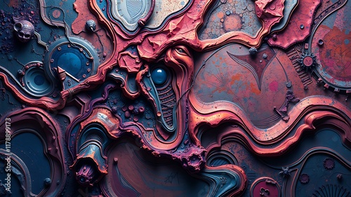 Abstract digital painting of a biomechanical landscape with intricate sculpted textures and glowing blue eye, depicting a surreal and futuristic world. photo