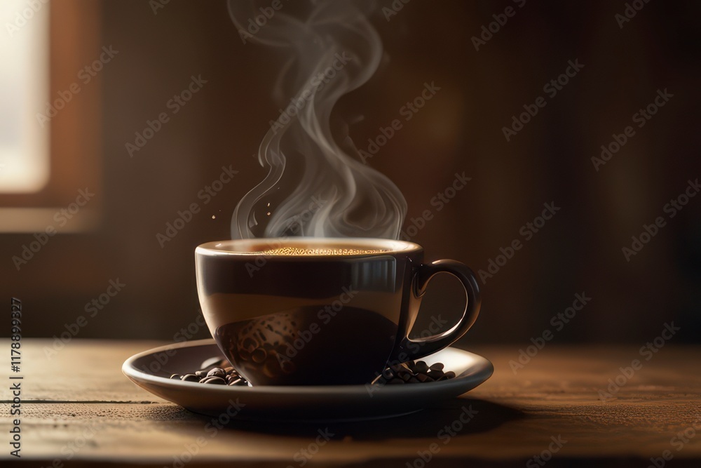 Fototapeta premium Dark wooden table with a steaming coffee cup.