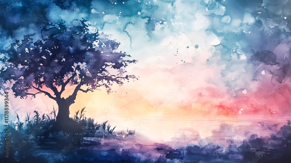Fototapeta premium Dreamy watercolor landscape with a silhouetted tree against a vibrant, pastel sky at sunset or sunrise, evoking a peaceful and magical atmosphere.