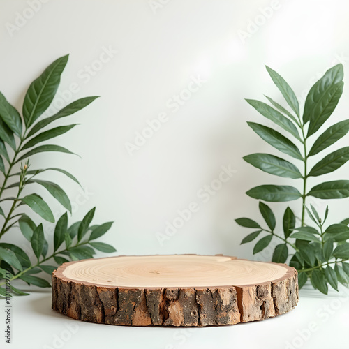 Table en bois dans une cuisine scandinave lumineuse : Espace libre pour maquettes ou produits, avec planche à découper et plante en arrière-plan flou photo