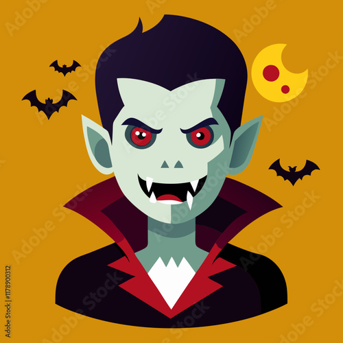 Halloween illustration of a cheerful vampire, glowing pumpkins, and festive details.
