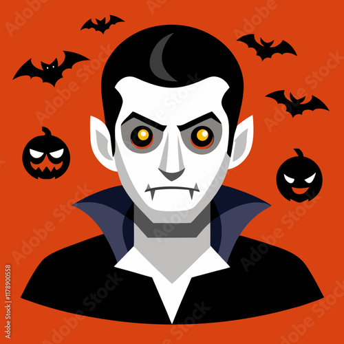 Cute vampire illustration featuring Halloween pumpkins and a full moon.
