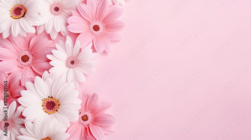 Beautiful Close-Up of Blooming White and Pink Daisies on Soft Pink Background for Floral Design and Decoration