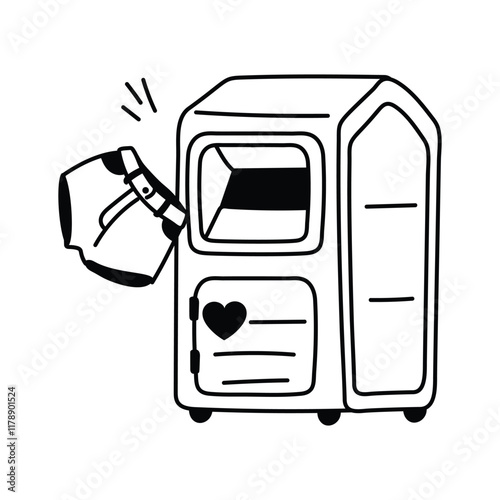 A stylized, icon of a donation machine with a pair of pants being inserted