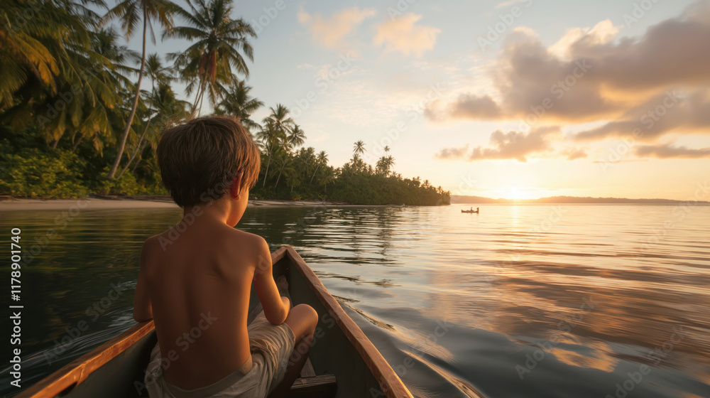 Fototapeta premium Child in Canoe Watching Sunset Over Tropical Island Landscape