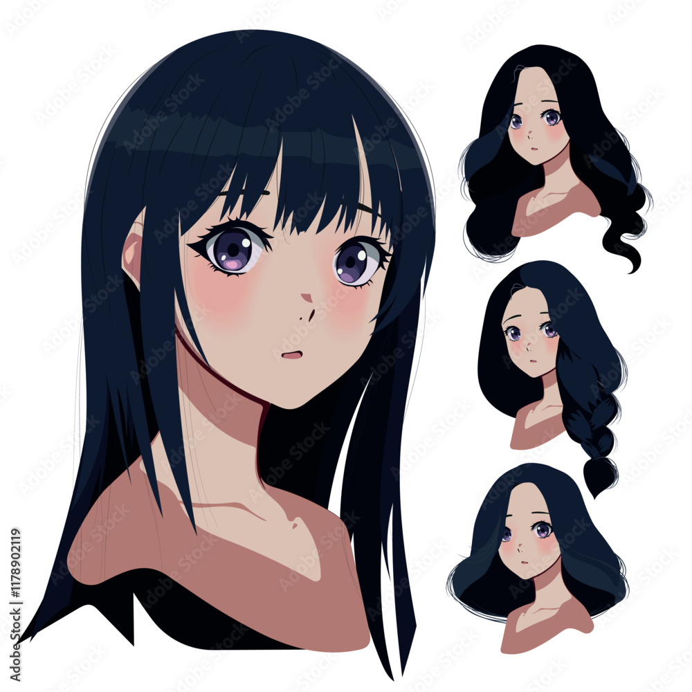 Design of a female anime character . Anime hairstyles wigs. Isolated hair set. Vector illustration