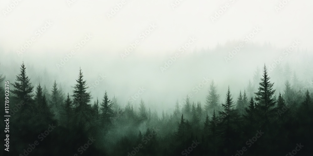 Enchanting view of a foggy forest with tall evergreen trees enveloped in mist, creating a serene and mystical atmosphere. Enchanting view of a foggy forest with tall evergreen trees enveloped in mist, creating a serene and mystical atmosphere.