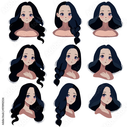 Design of a female anime character . Anime hairstyles wigs. Isolated hair set. Vector illustration