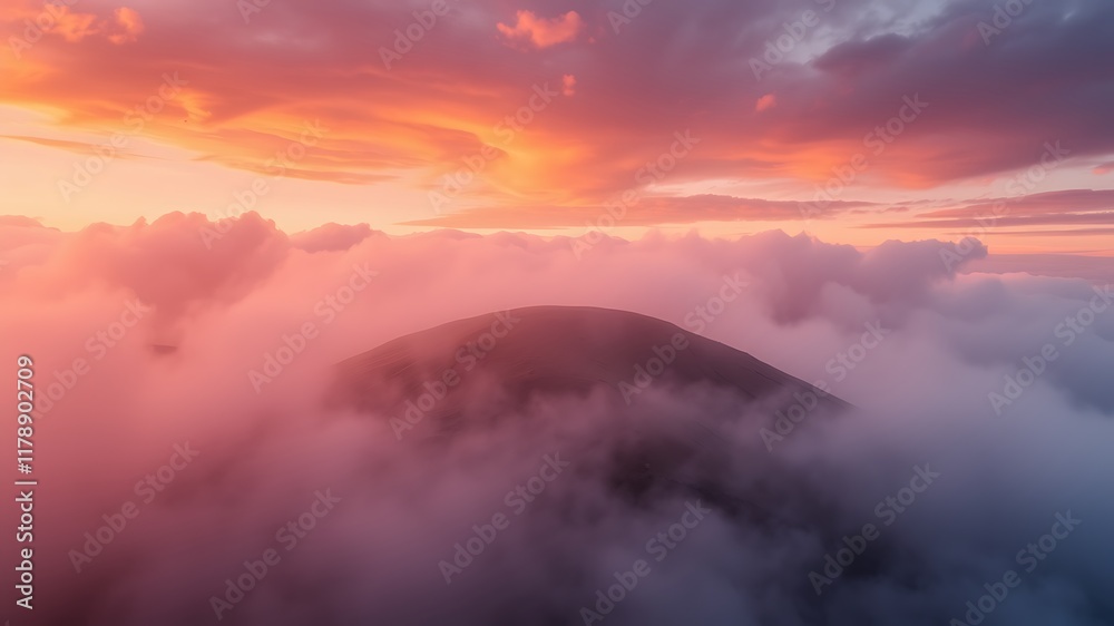 Obraz premium Serene mountain peak enveloped in a breathtaking sunset, showcasing vibrant clouds and a misty atmosphere.