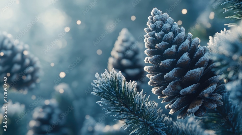 A close-up of snow-dusted pine cones and evergreen branches, capturing the essence of winter. A close-up of snow-dusted pine cones and evergreen branches, capturing the essence of winter.