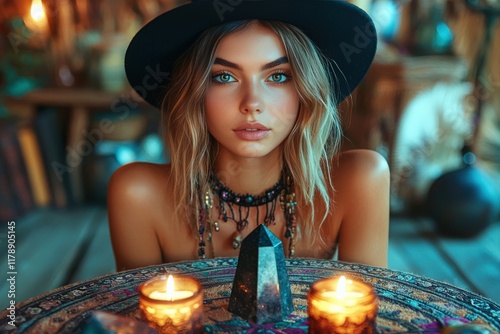 Mystical Woman with Candles and Crystals
