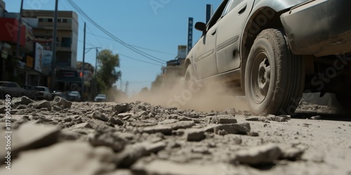 A car speeds over a dusty, bumpy road amidst an urban landscape, marking the journey with dust trails. photo