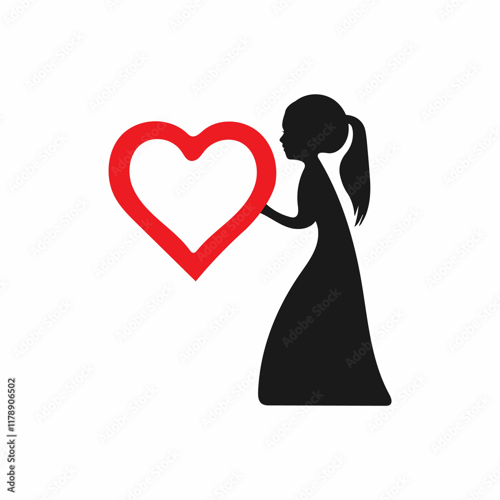 A simple, black silhouette of a girl holding a large, red heart shape. A simple, black silhouette of a girl holding a large, red heart shape.